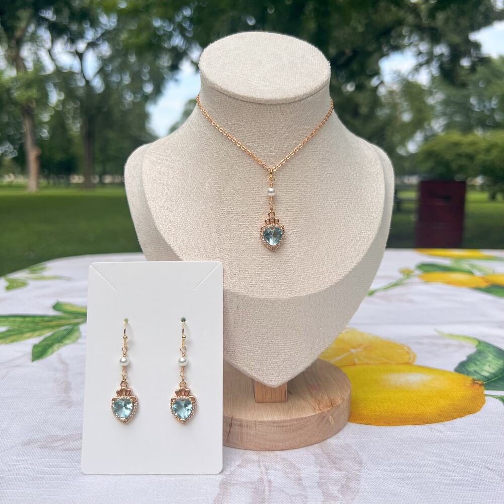 Aquamarine Heart Crystal Glass Crown Pearl Casual Cute Dainty Ice Blue Jewelry